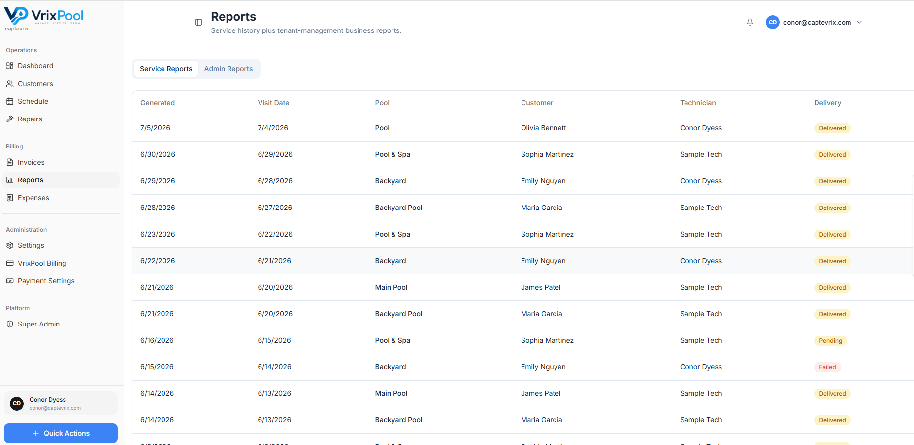 VrixPool Service Reports — post-visit reports with delivery status: delivered, pending, and failed.