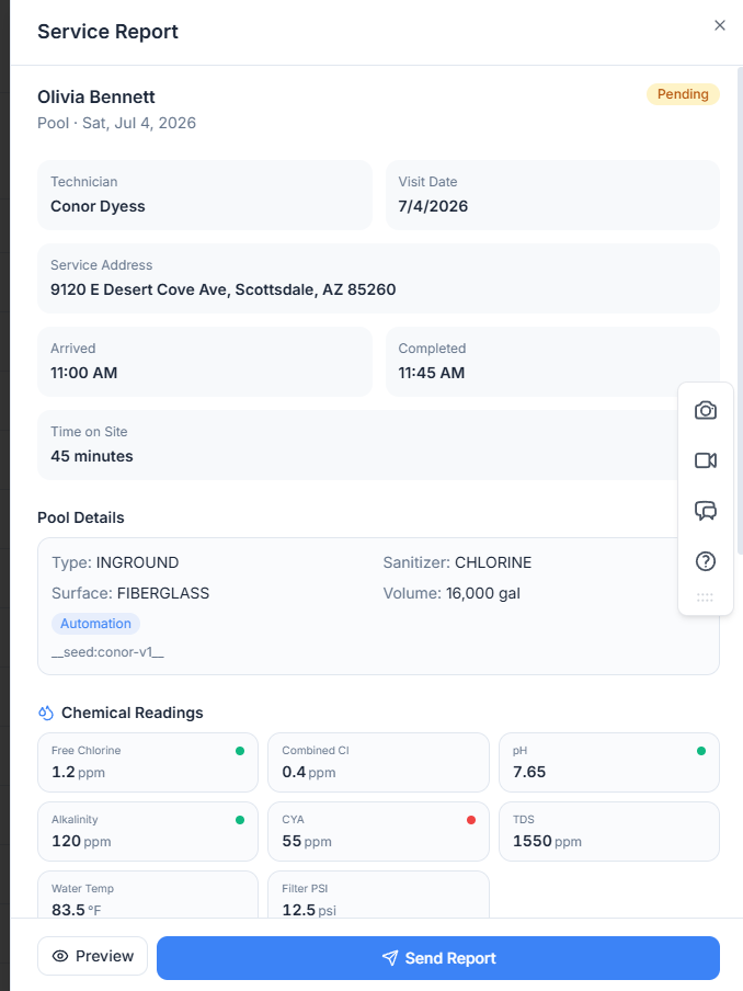 VrixPool Service Report detail — customer-ready report with visit timing, pool details, and chemical readings, ready to preview or send.