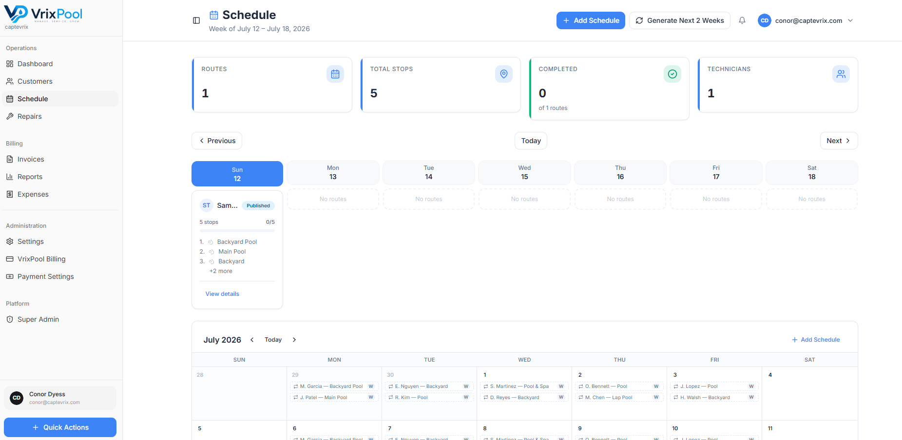 VrixPool Schedule — weekly technician routes and monthly calendar with generate-next-2-weeks button.