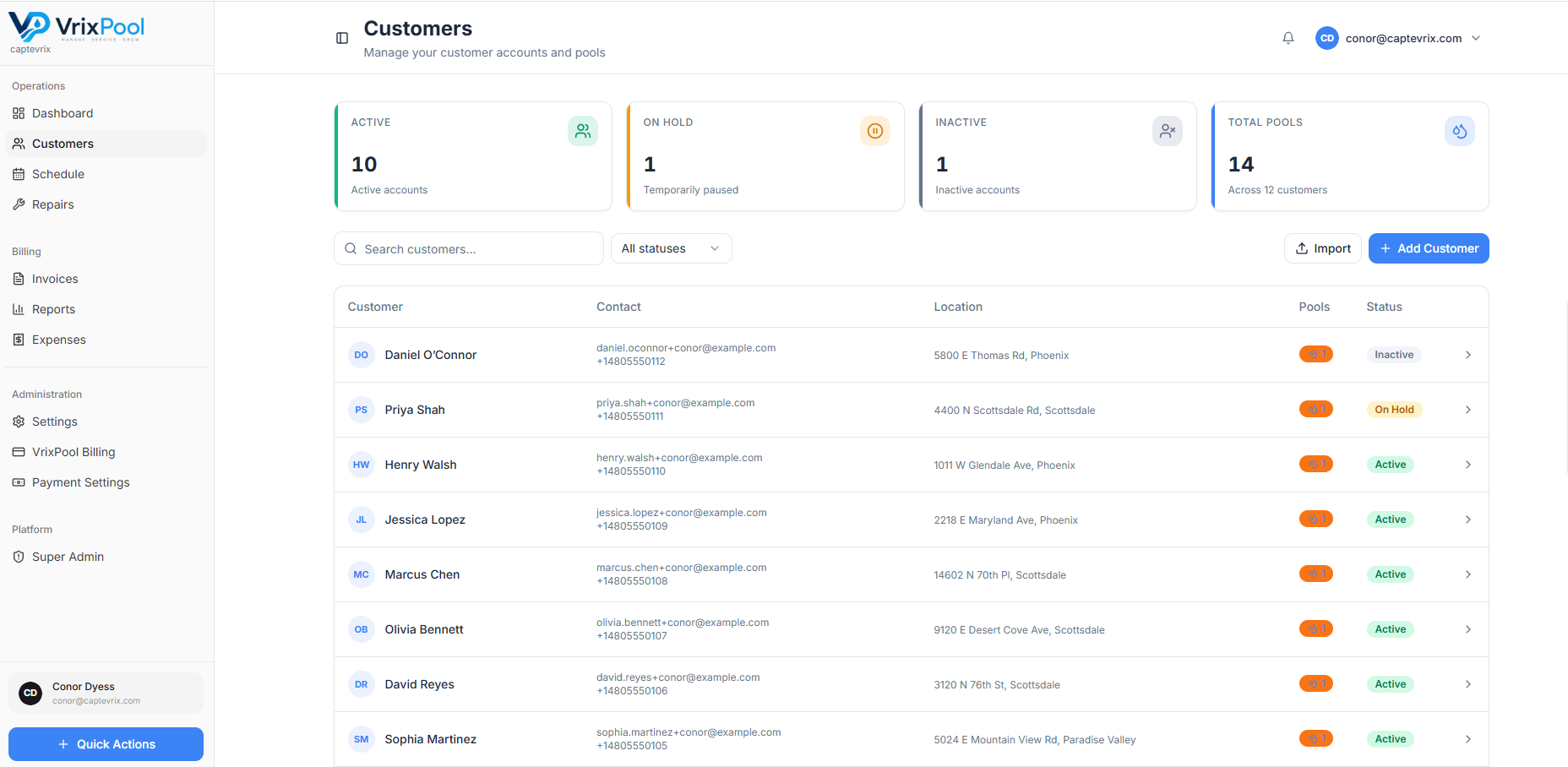 VrixPool Customers — customer & pool CRM listing active accounts, statuses, locations, and pool counts.