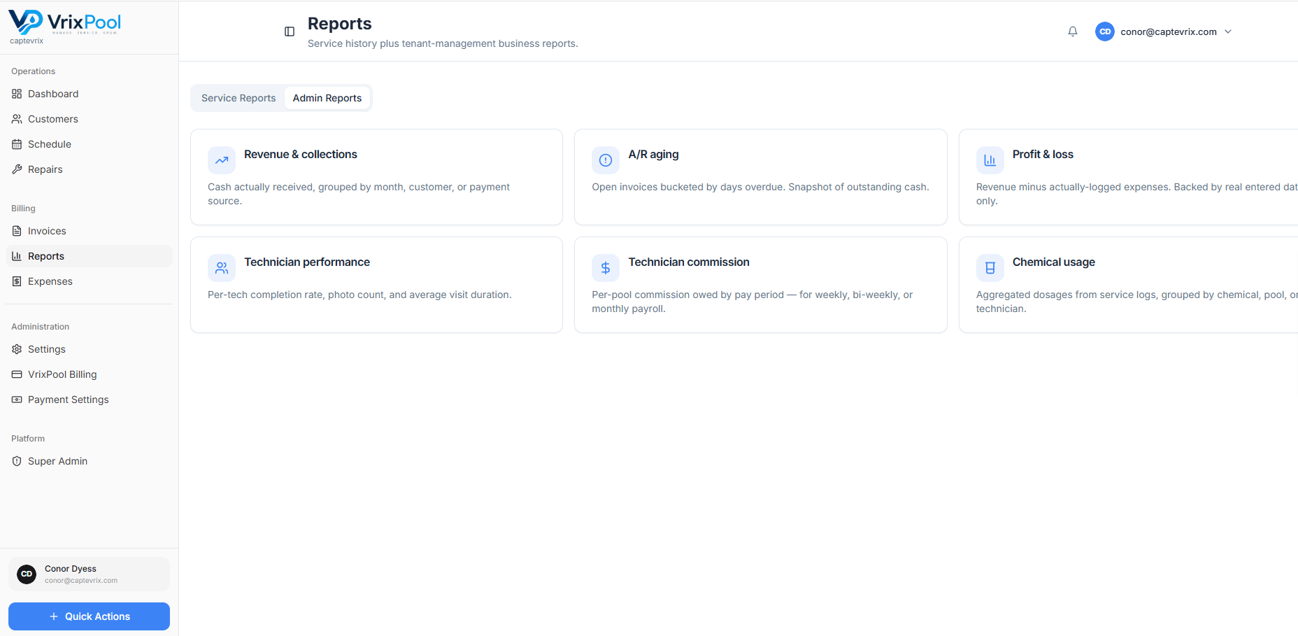 VrixPool Admin Reports — business reports hub for revenue, A/R aging, profit & loss, technician performance, commission, and chemical usage.